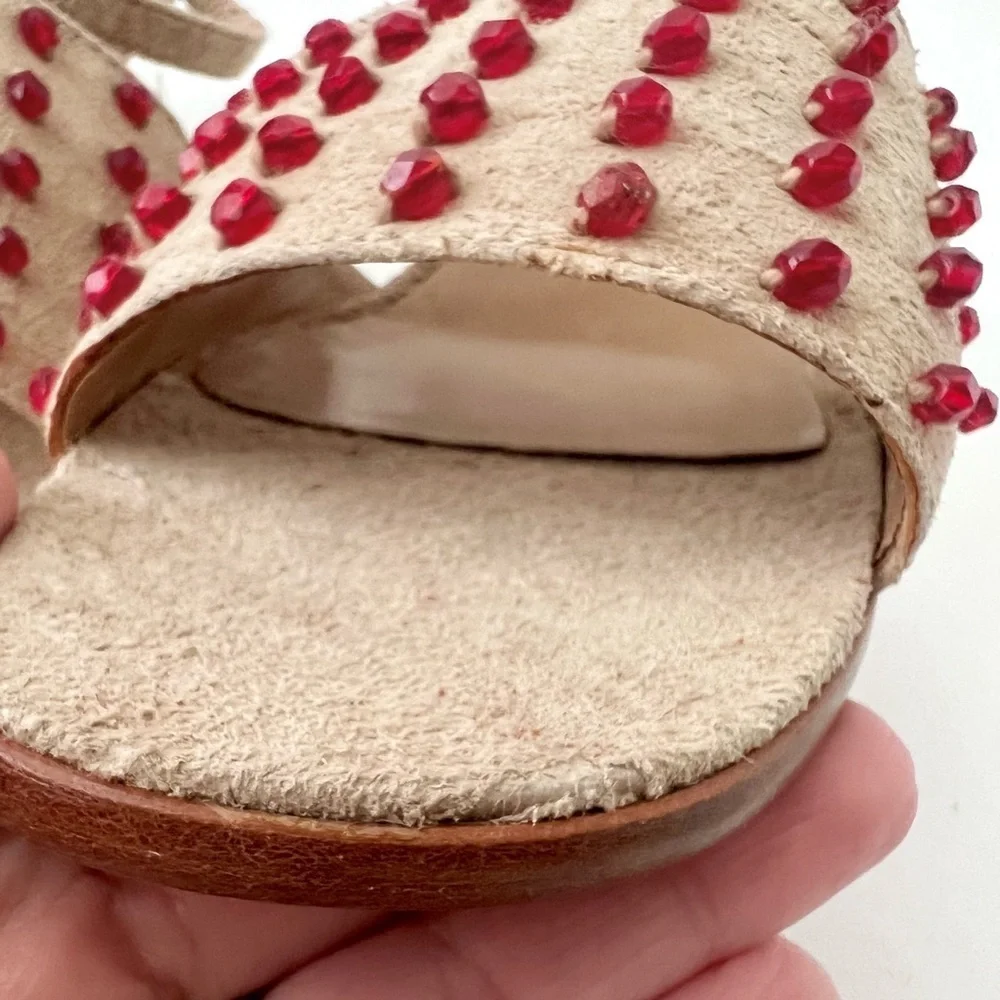 CHANEL | Vintage Y2K Tan Suede Red Embellished Mule Lucite Kitten Heel Sandal
